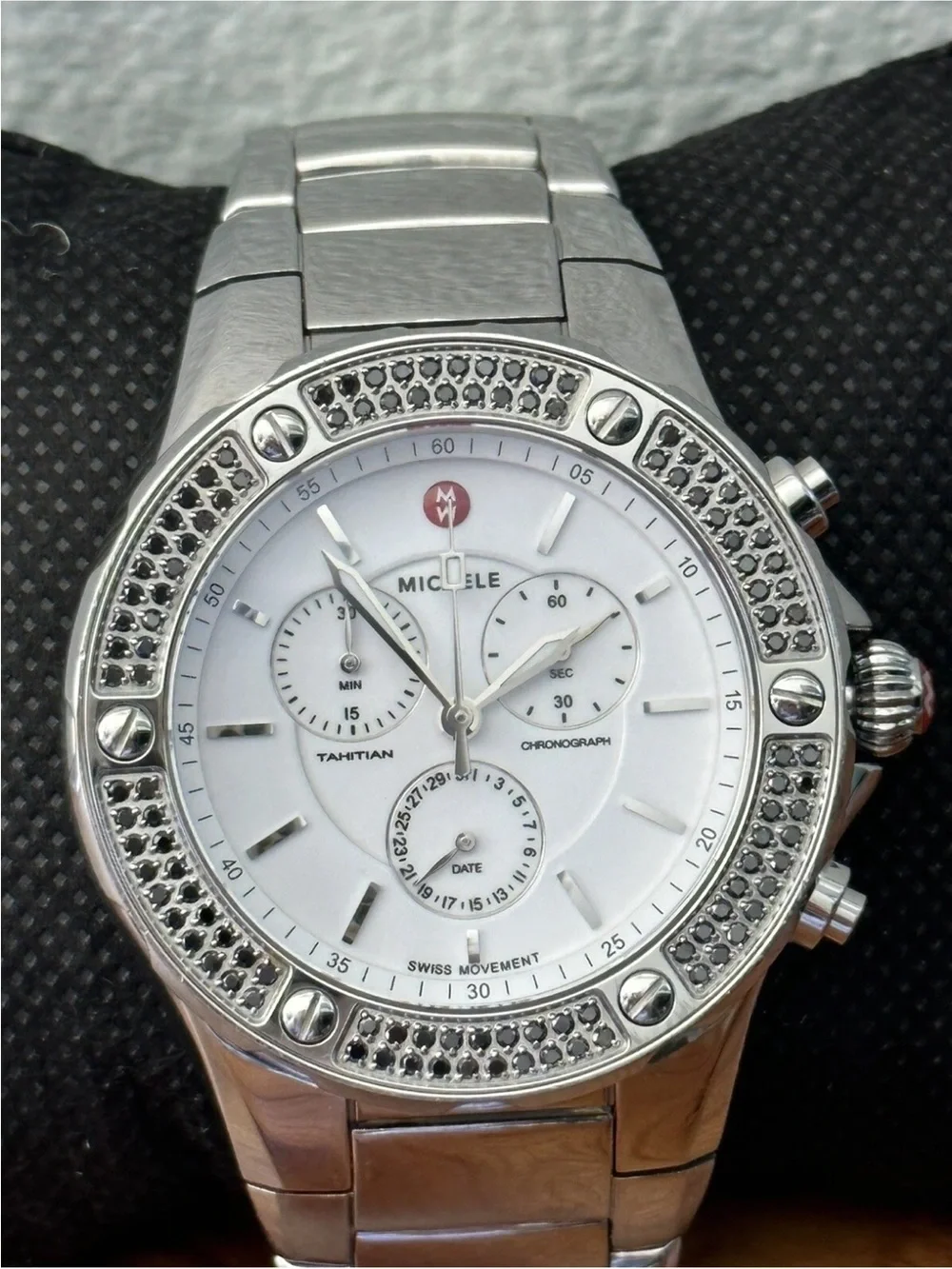 Unique & Rare Michele Tahitian Black Diamond & SS Band Chronograph Ladies Watch